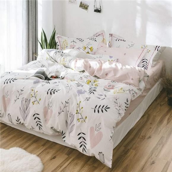 Flower Print Cotton Girls Duvet Cover Set 3Piece Pink Reversible Full BeddingSet - Picture 2 of 6